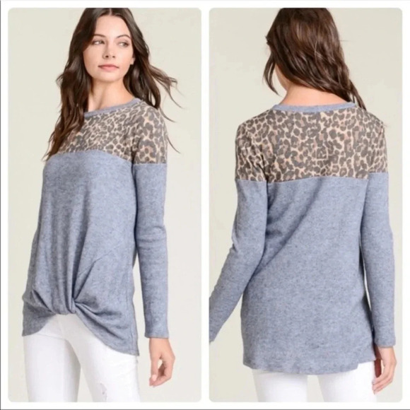 First Love Tops - Leopard Contrast Blue Long Sleeve Top | Soft Twist Hem Knit